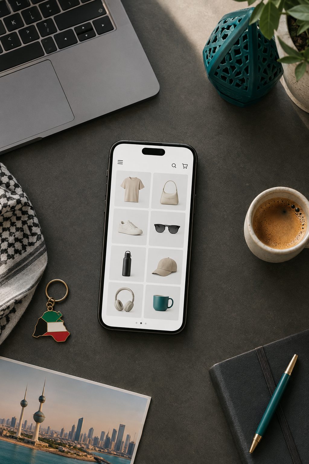 A smartphone showing a clean online shop on a desk beside a laptop and coffee